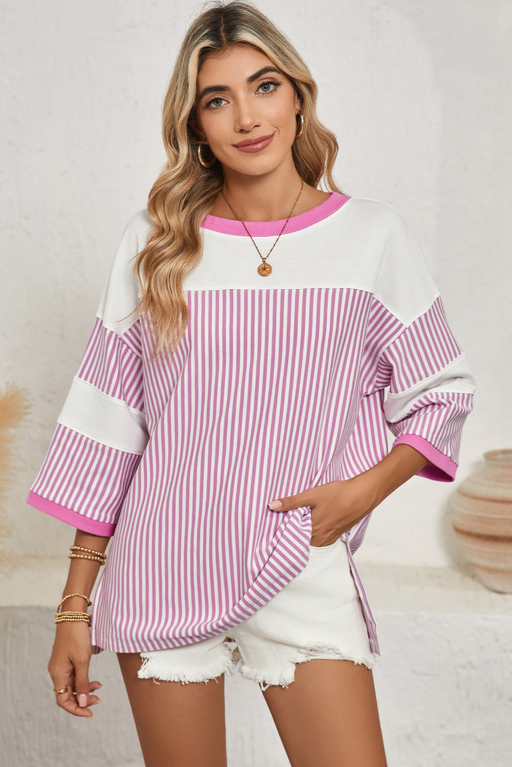 Mist Green Striped Patchwork Oversized Tee