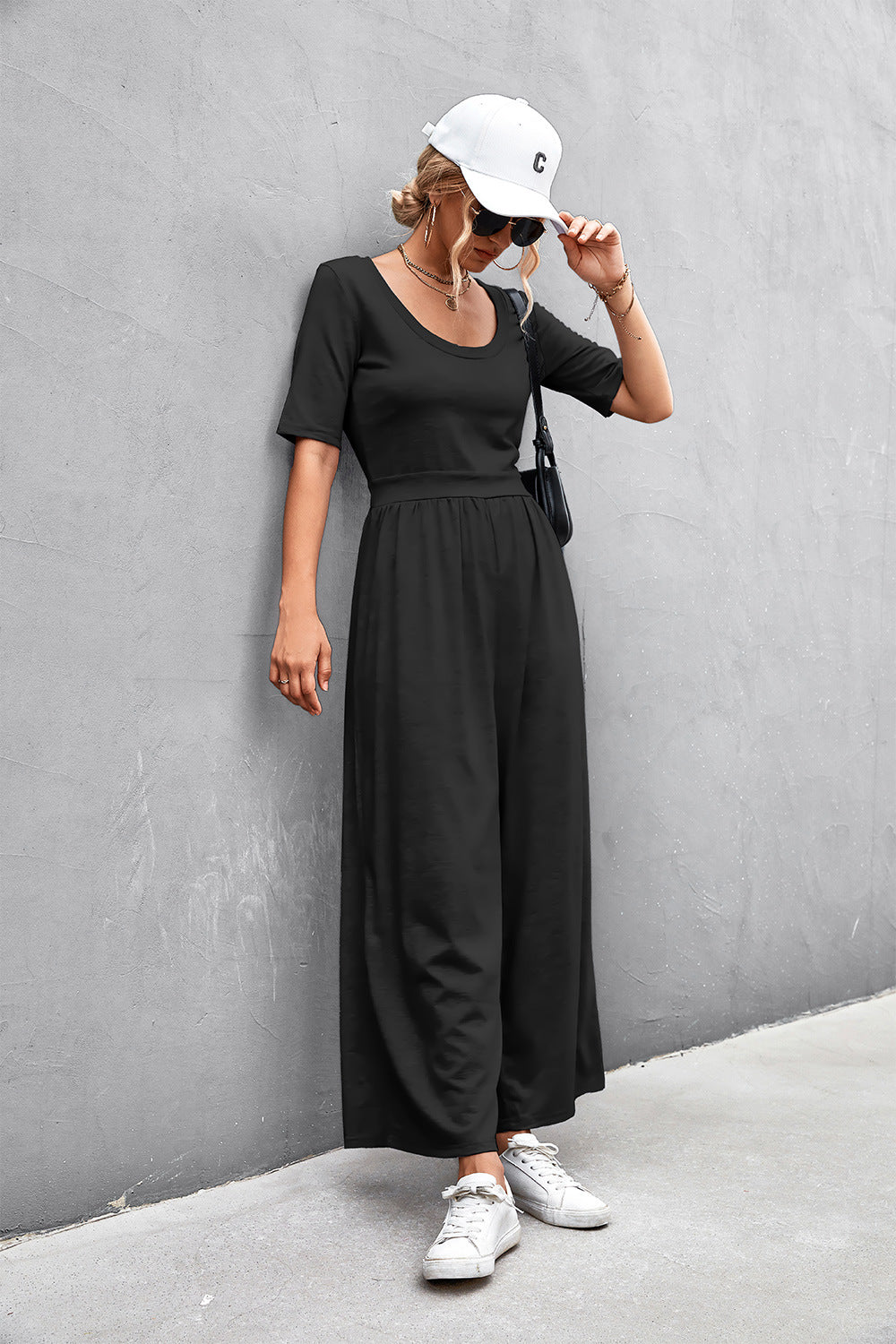 Scoop Neck Half Sleeve Wide Leg Jumpsuit