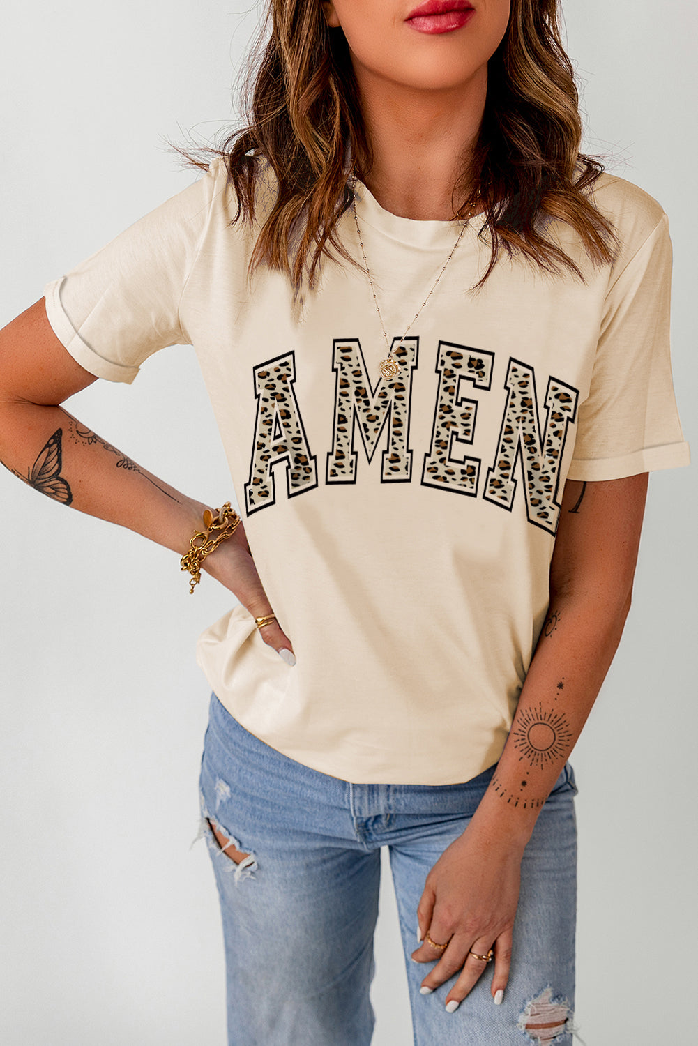 Khaki Amen Leopard Print Casual Graphic T Shirt