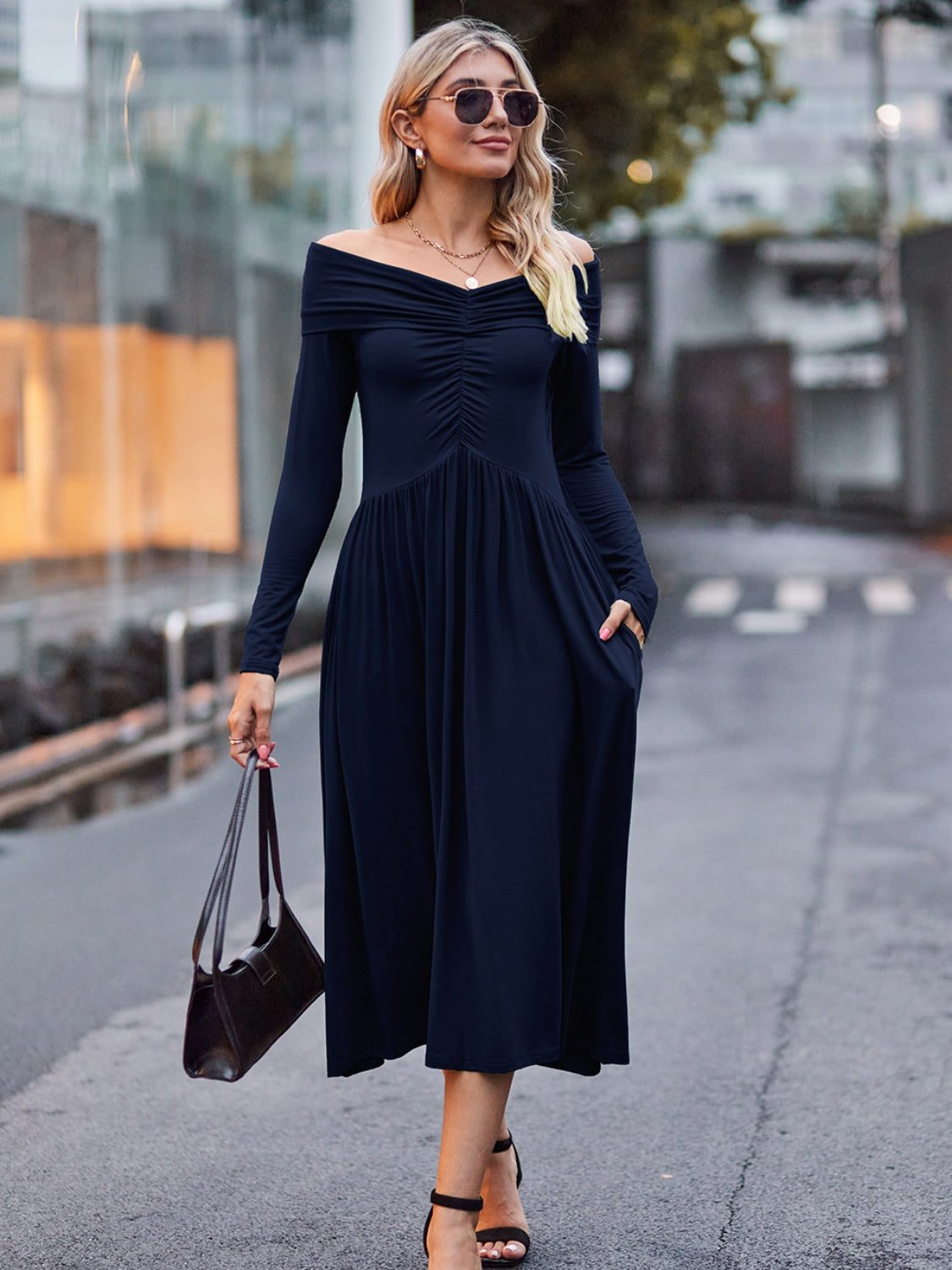 Ruched Off-Shoulder Midi Dress