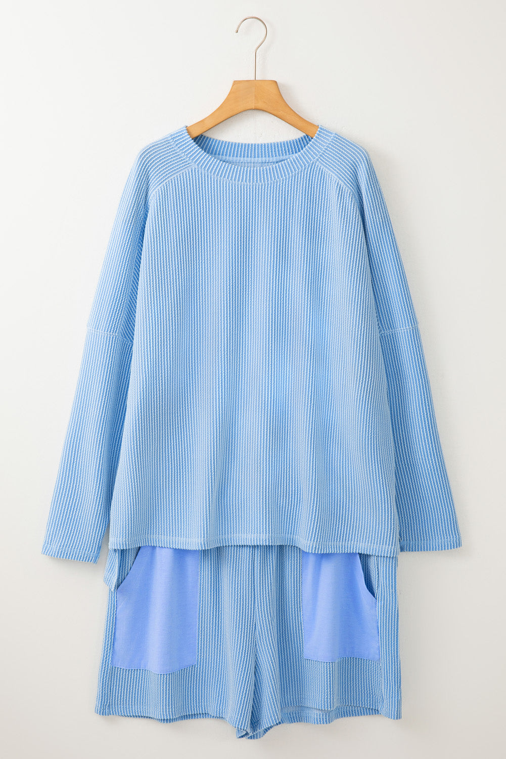 Light Blue Plus Size Ribbed Long Sleeve Top and Drawstring Shorts Set