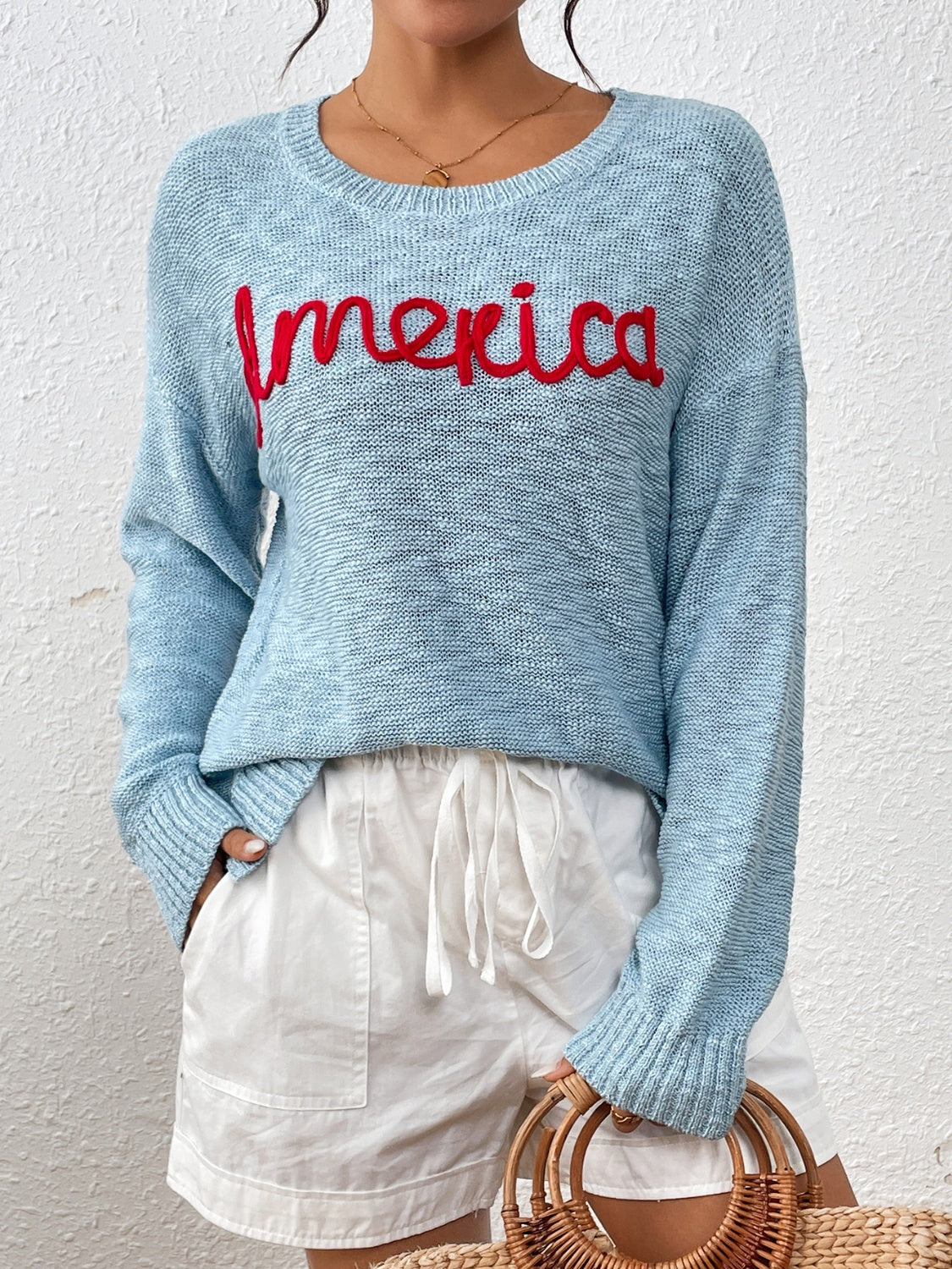 Letter Round Neck Long Sleeve Sweater