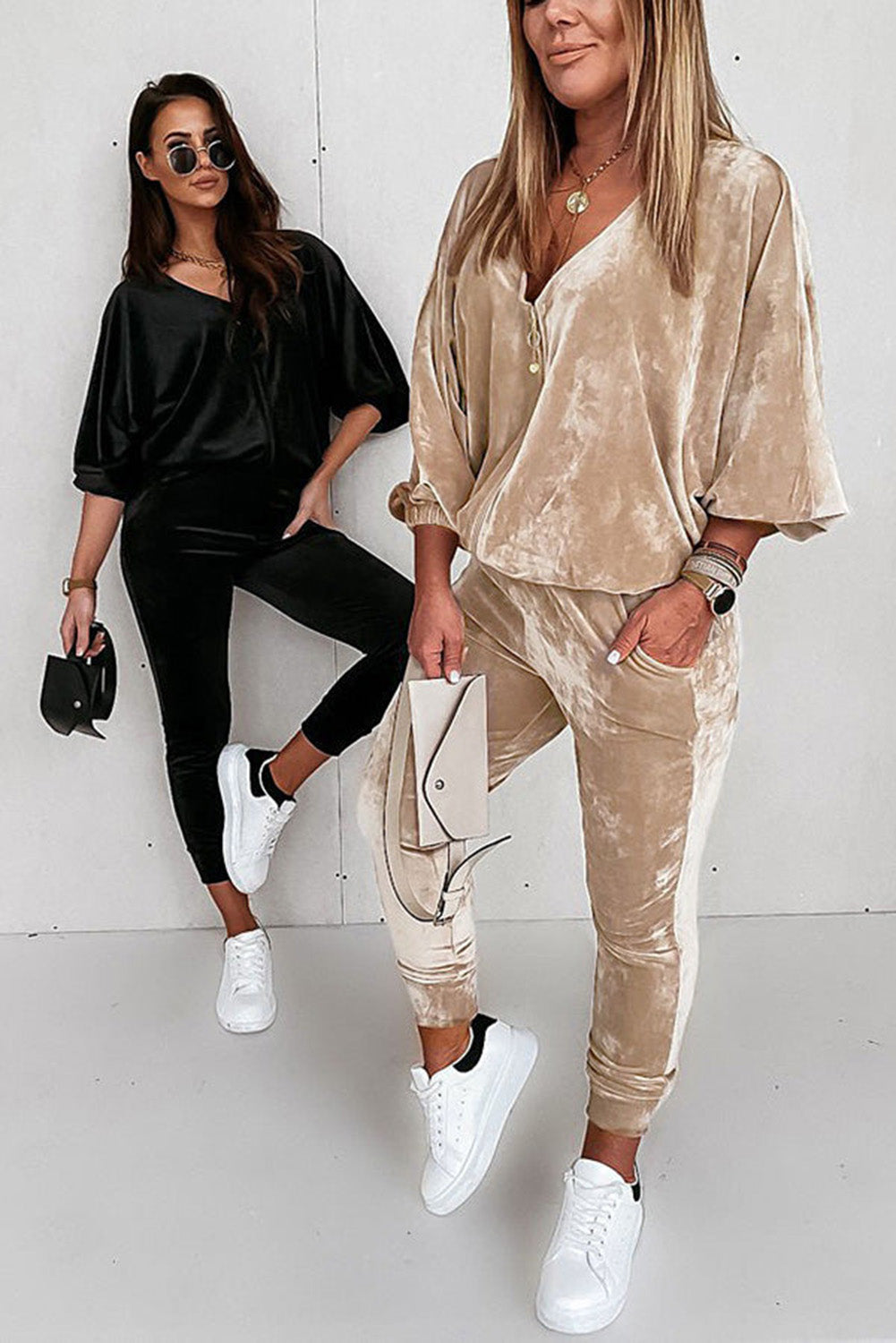 Parchment Velvet Lantern Sleeve Zipped Top & Joggers Pants Set