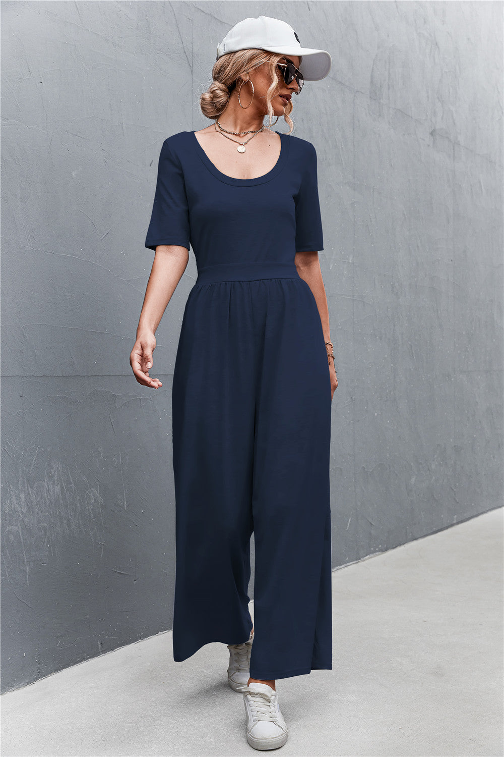 Scoop Neck Half Sleeve Wide Leg Jumpsuit