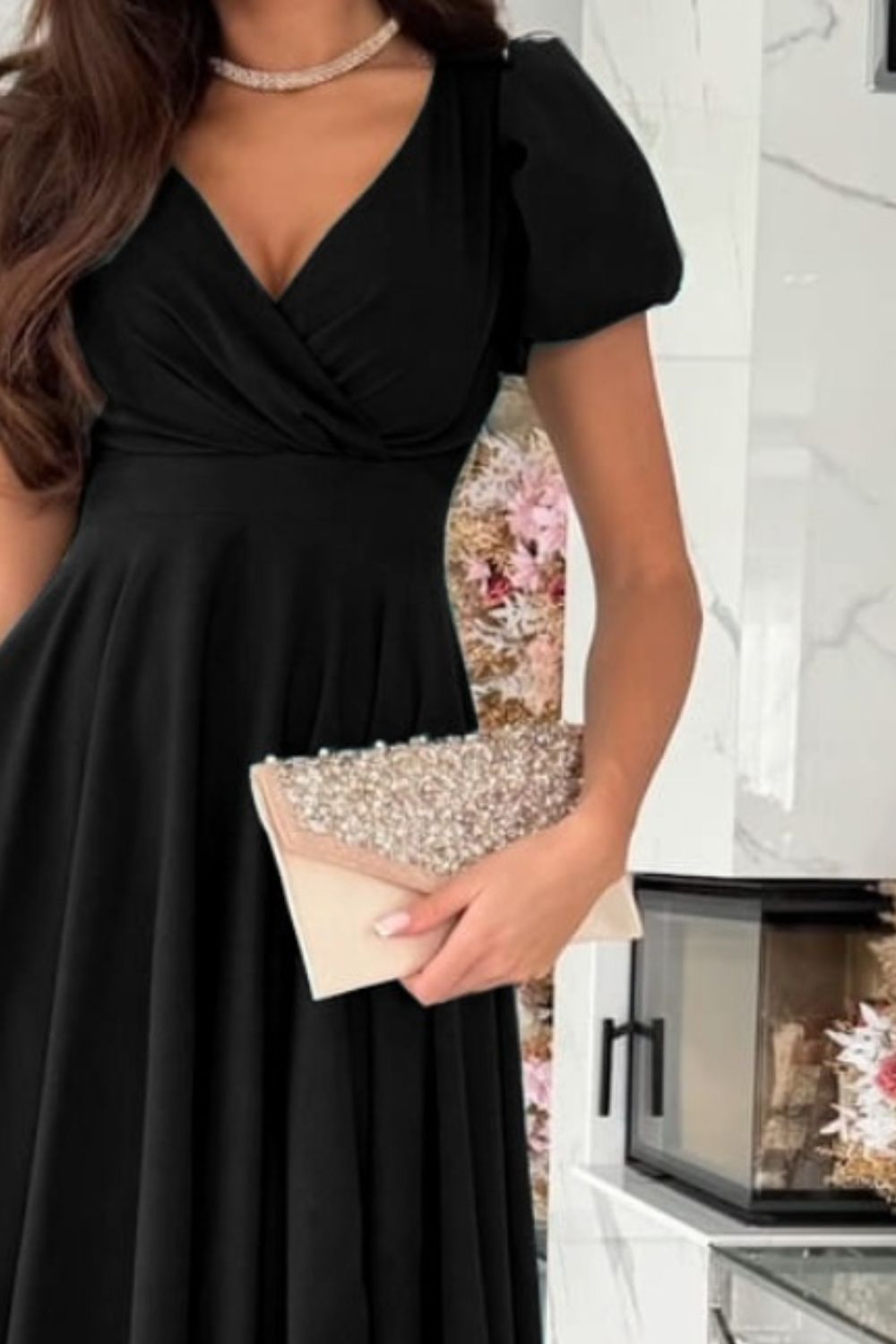 Surplice Puff Sleeve Midi Dress