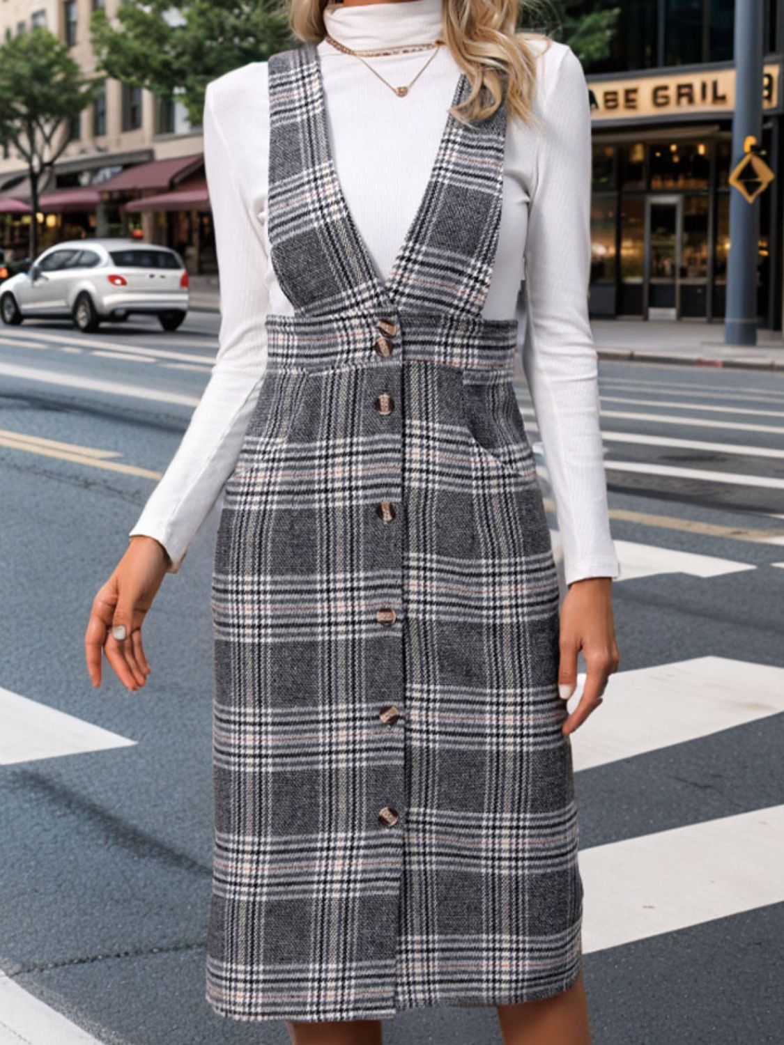 Perfee Pocketed Plaid Overall Dress