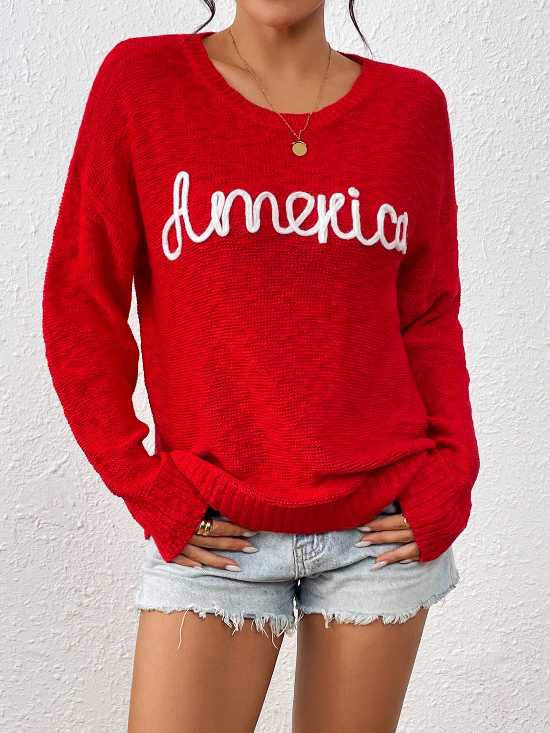 Letter Round Neck Long Sleeve Sweater